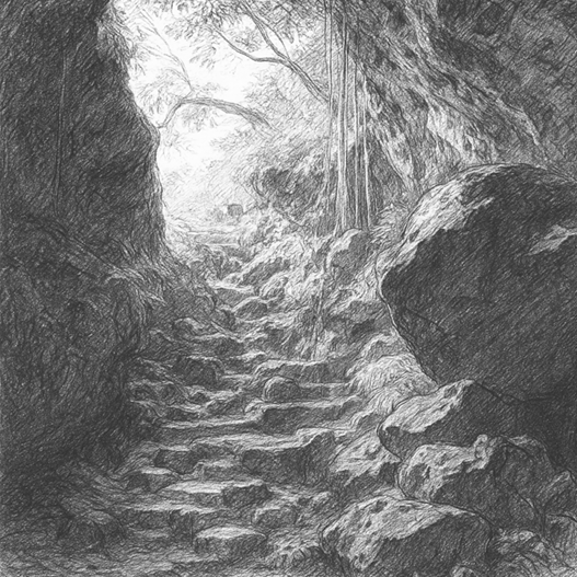 Pencil sketch of stone steps leading through a rocky jungle passage toward Marbo Cave